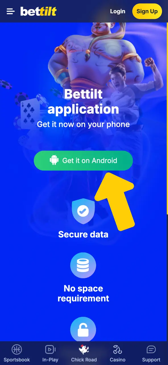 Click the phone icon on Bettilt, download APK for Android, and start playing.