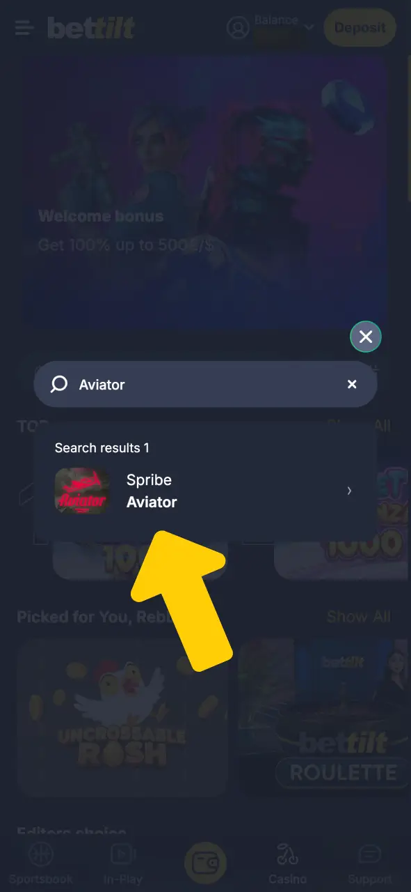 Search for Aviator in Bettilt Casino and start playing.