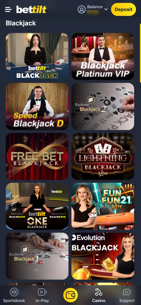 Select the Blackjack category at Bettilt Casino and start playing.