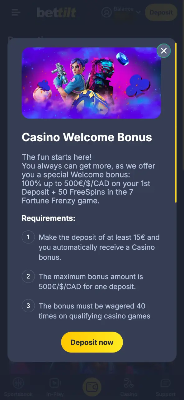 Select your Bettilt bonus in the promotions section and check the rules.