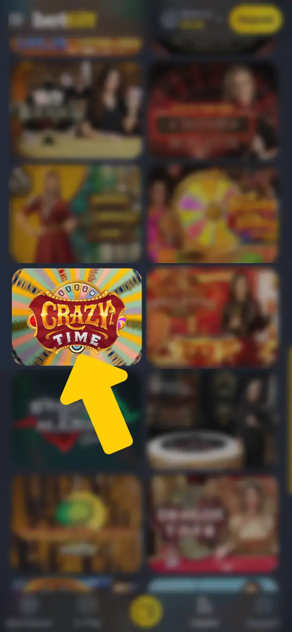 Select Crazy Time in the Live Casino at Bettilt Casino.