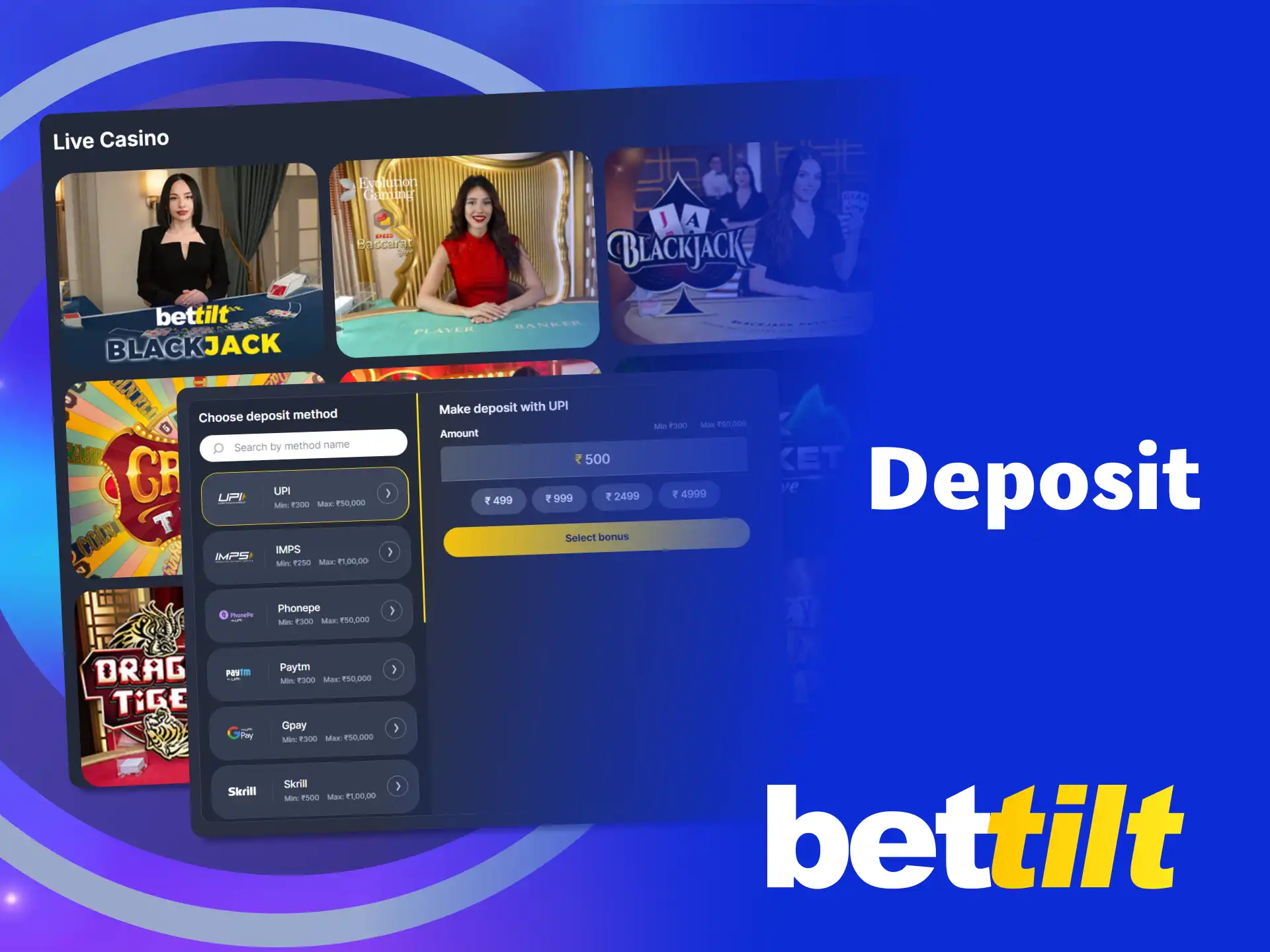 Make a deposit at Bettilt Casino India and start playing live dealer games instantly.