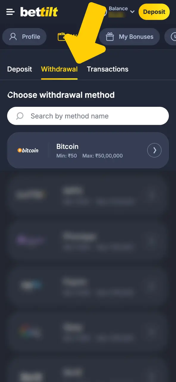 Open the Withdrawal section on Bettilt and choose your payout method.